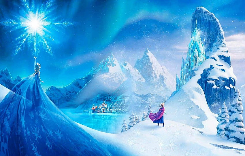 kar, dağlar, şehir, yıldız, buz, Karlar Ülkesi, Prenses, Anna, Kraliçe, Anna, Kraliçe, kar tanesi, Walt Disney, animasyon, prenses, Walt Disney için , bölüm фильмы HD duvar kağıdı