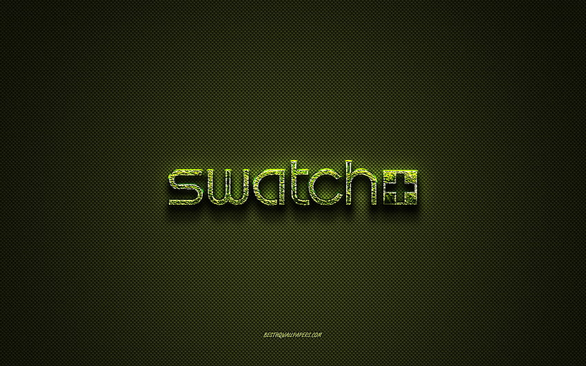 Swatch のロゴ、緑の創造的なロゴ、花の芸術のロゴ、Swatch のエンブレム、緑の炭素繊維のテクスチャ、Swatch、創造的な芸術 高画質の壁紙