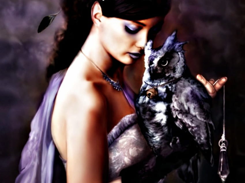 Lady with owl, purple, lady, bird, fantasy, art, girl, owl, woman HD wallpaper