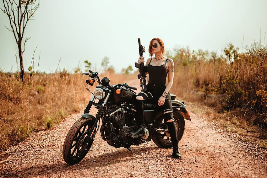 Redhead ~ Armed and Dangerous, motorcycle, redhead, model, rifle, road HD wallpaper