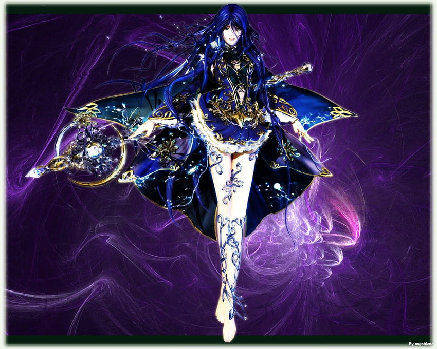 Blue Warrior, blue, sweet, magic, cute, girl, beautiful, beauty, woman, purple, anime HD wallpaper