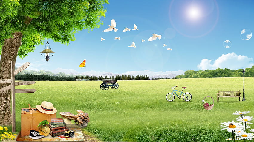 Waiting for the Train, bench, butterflie, birds, mushrooms, tree, bicycle, sign, light, field, flowers, sky, sun, hat HD wallpaper
