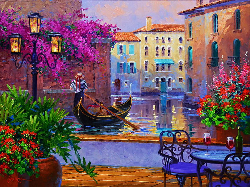 Reflections of Romance, table, œuvres d'art, bateau, venise, canal, peinture, lampe, maisons, chaises Fond d'écran HD
