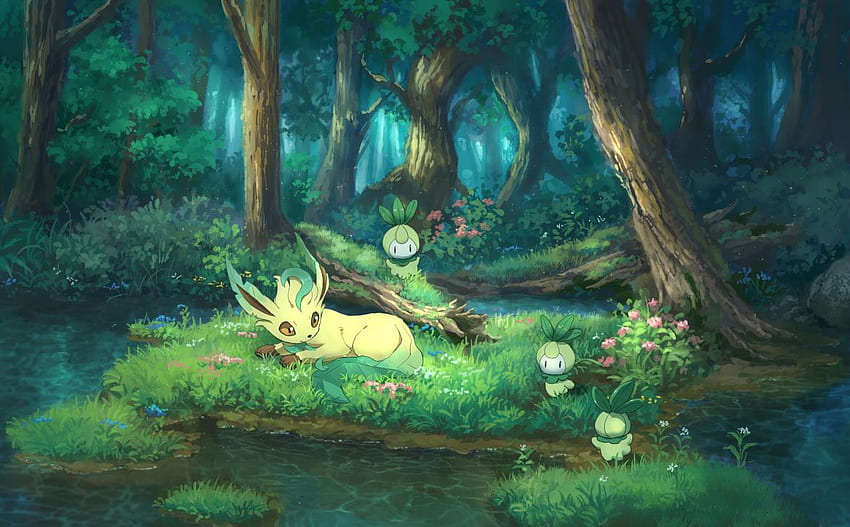 flowers forest grass leafeon nobody petilil pippi (p3i2) pokemon scenic tree water Anime, Pokémon Forest HD wallpaper