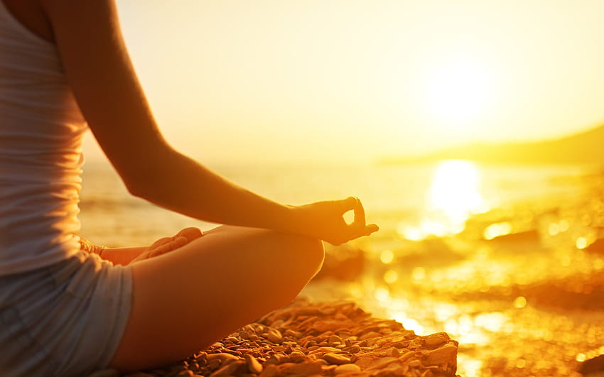 момиче, поза, плаж, медитация, йога резолюция, йога слънце HD тапет