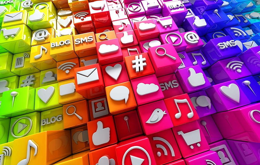 kubus, warna-warni, Internet, ikon, kubus, ikon, jejaring sosial, media, sosial untuk , bagian разное, Ikon Media Sosial Wallpaper HD