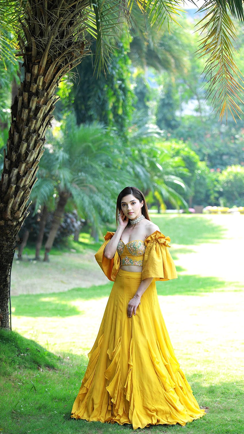 Mehreen Pirzada, attrice, bellissima, verde, bollywood, elegante, abito giallo, moda, abito lungo Sfondo del telefono HD