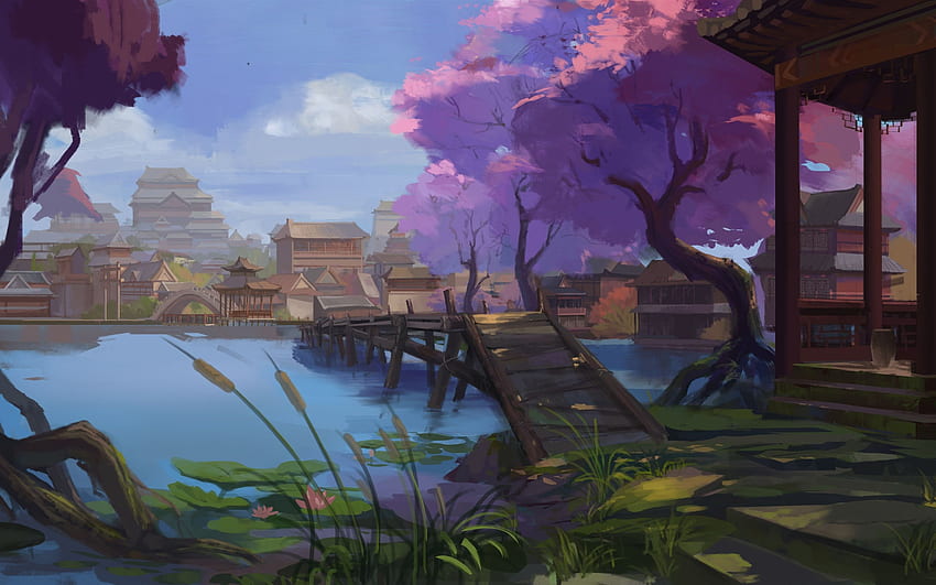 Aquarellmalerei, China, Dorf, Retro-Stil HD-Hintergrundbild