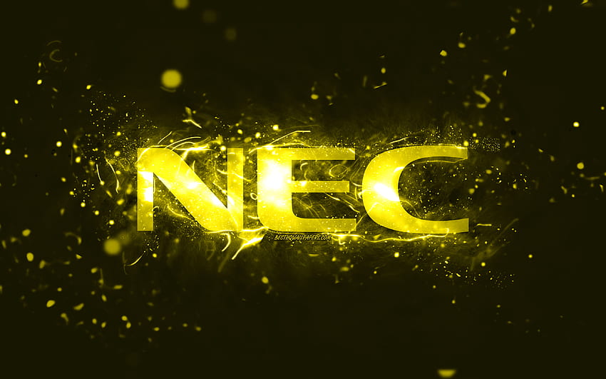 NEC yellow logo, , yellow neon lights, creative, yellow abstract background, NEC logo, brands, NEC HD wallpaper