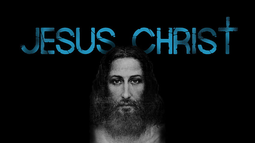 예수 그리스도 얼굴 검은 십자가 아트워크 종교적 타이포그래피 파란색 검정색 배경 턱수염 정면 보기 - 해상도: HD 월페이퍼