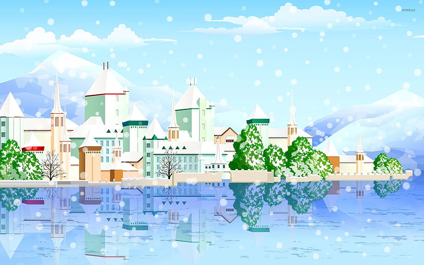 Snowy town on the riverside - Vector HD wallpaper