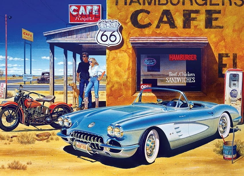 Rogers Cafe, cafe, harley, convertible, car, chevy, route 66, motorbike HD wallpaper