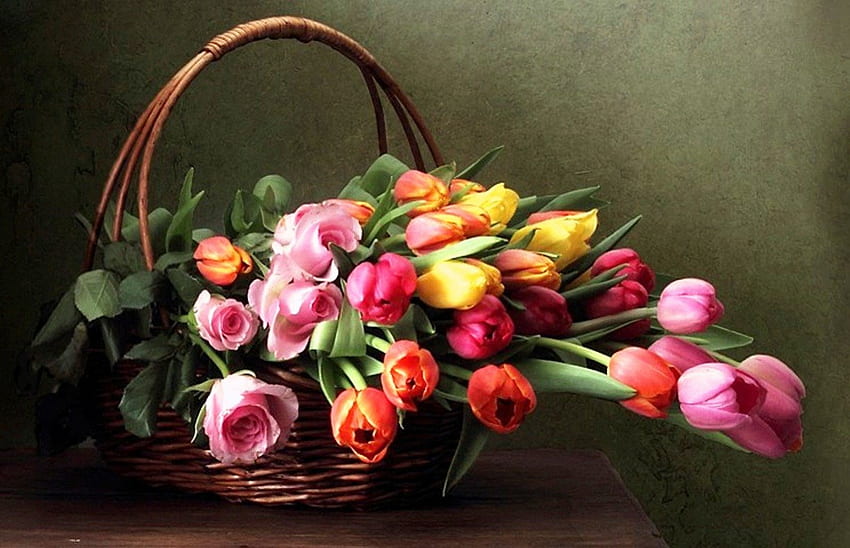 Basket with tulips and roses, colorful, roses, garden, tulips, spring, basket, pink, freshness, yellow, red, nature, flowers HD wallpaper