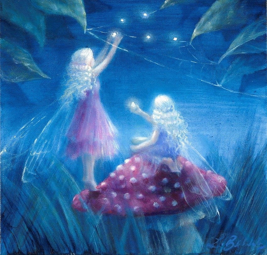Fairy lights, night, blue, lynne bellchamber, art, girl, ciuperca, mushroom, fairy, pink, painting, fantasy, lights, luminos HD wallpaper