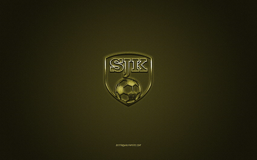 SJK, finnischer Fußballverein, goldenes Logo, goldener Kohlefaserhintergrund, Veikkausliiga, Fußball, Seinäjoki, Finnland, SJK-Logo HD-Hintergrundbild