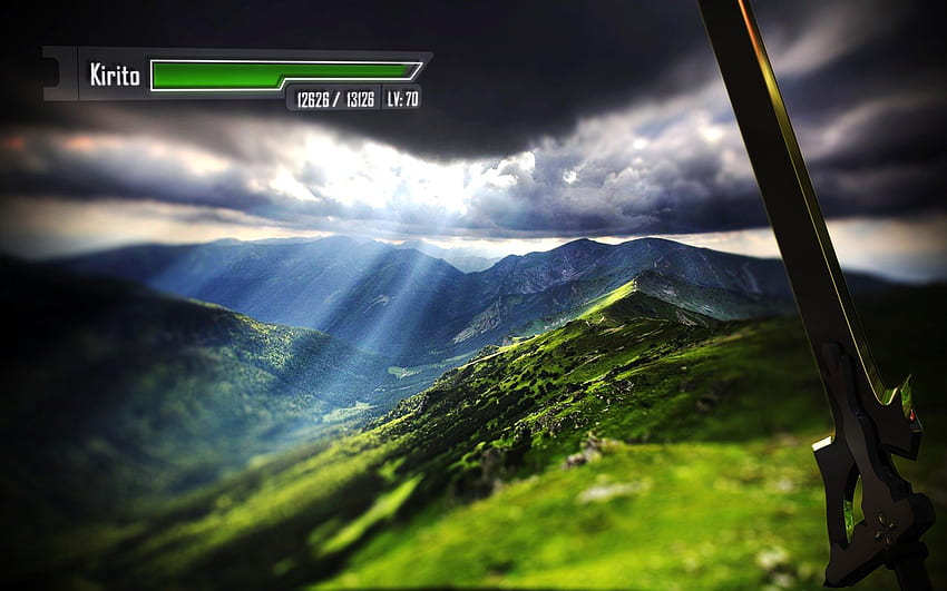 Sword Art Online คิริโตะ ทิวทัศน์ 3d cg สวยงาม ชาย เมฆ เนินเขา ฉาก ดาบ ภูมิประเทศ หญ้า ใบมีด ภูเขา sao เด็กชาย อะนิเมะ สนาม แสง เบา วิว อาวุธ ท้องฟ้า สมจริง วอลล์เปเปอร์ HD