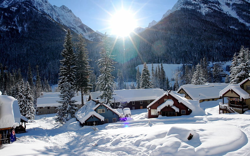 Inverno, natura, case, montagne, neve, meravigliosamente, è bello Sfondo HD