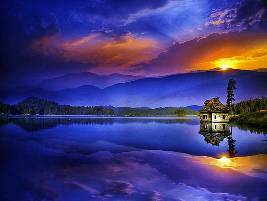 L'amour de l'eau, bleu, doré, maison, nuages, ciel, eau, reflets, coucher de soleil Fond d'écran HD
