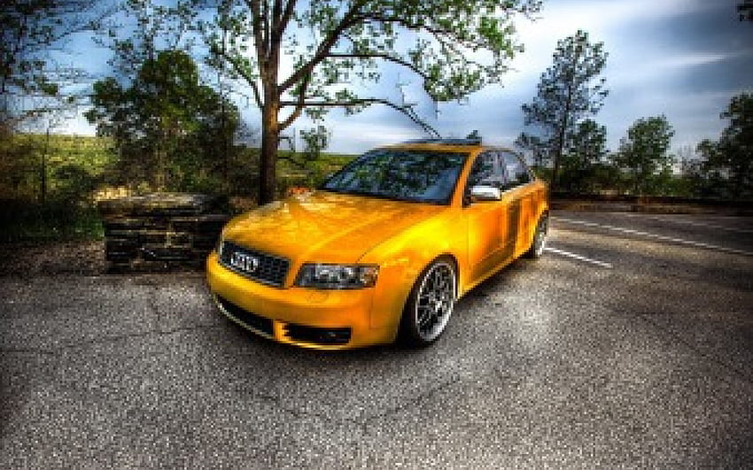 yellow audi in a parking lot r, parking, yellow, car, trees, r HD wallpaper