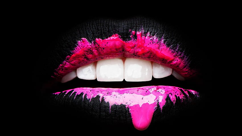 Lips teeth fashion style pink drop black background HD wallpaper