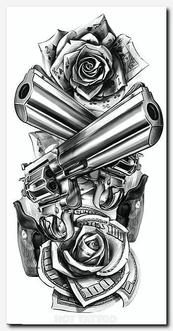 Guns and rose flowers drawn in tattoo style Vector Image