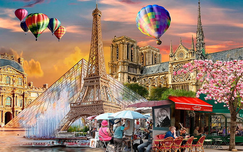 Пролет в Париж, произведения на изкуството, сгради, цифрово, айфелова кула, балони, цветове, хора, църква HD тапет