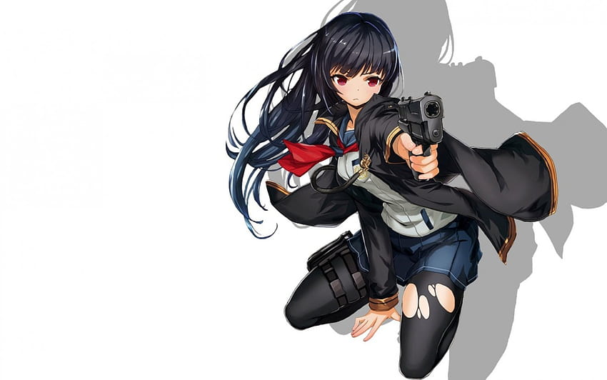 Garota de anime, cabelo comprido, arma, anime papel de parede HD