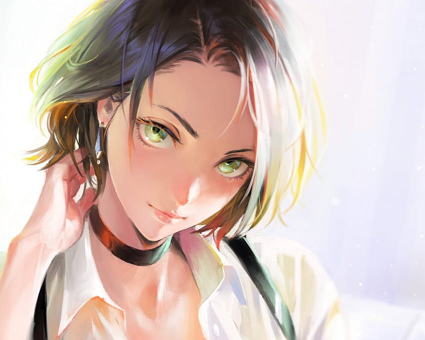Chica anime atractiva, cabello corto, ojos verdes, semi realista fondo de pantalla