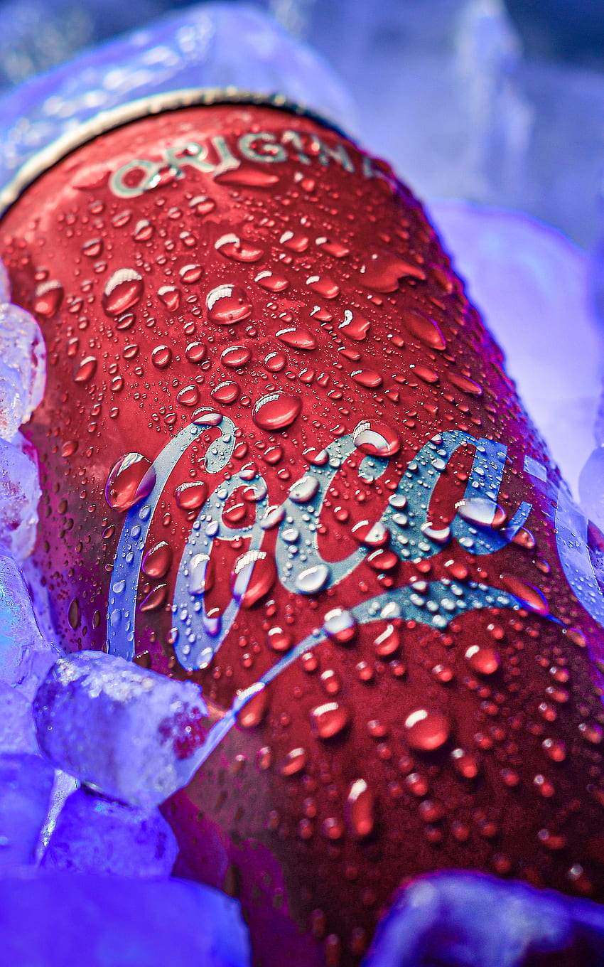 Coca Cola, frio, gelo, alumínio, água, vermelho, lata, Waterdrop, gelado, azul, fresco, gráfico Papel de parede de celular HD