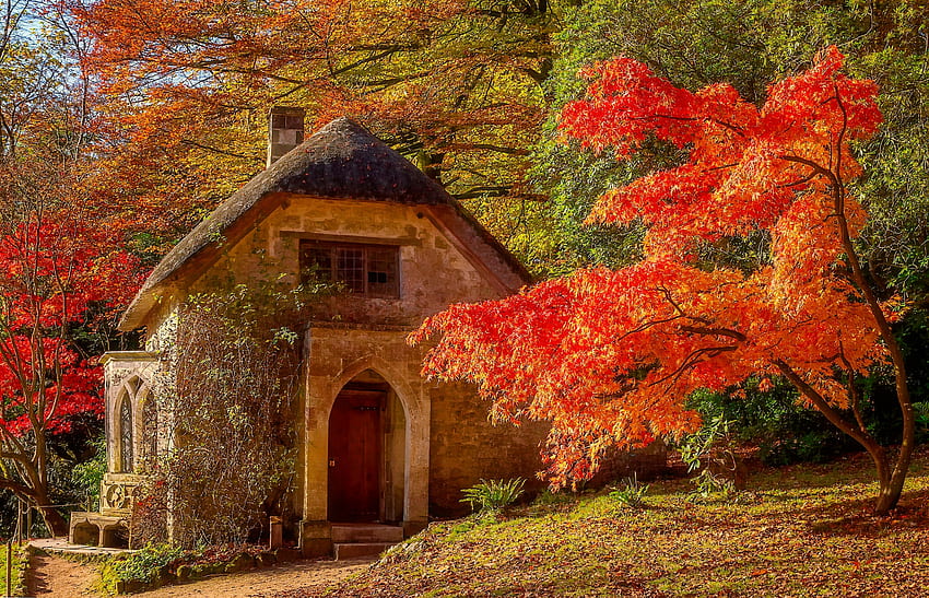 Stourhead gardens, Wiltshire, England, chapel, fall, garden, colors, beautiful, park, England, trees, autumn, forest, foliage HD wallpaper