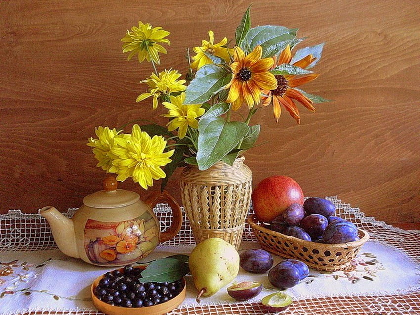 Still life, pretty, vase, flowers, fruits, plums, lovely, nice HD wallpaper