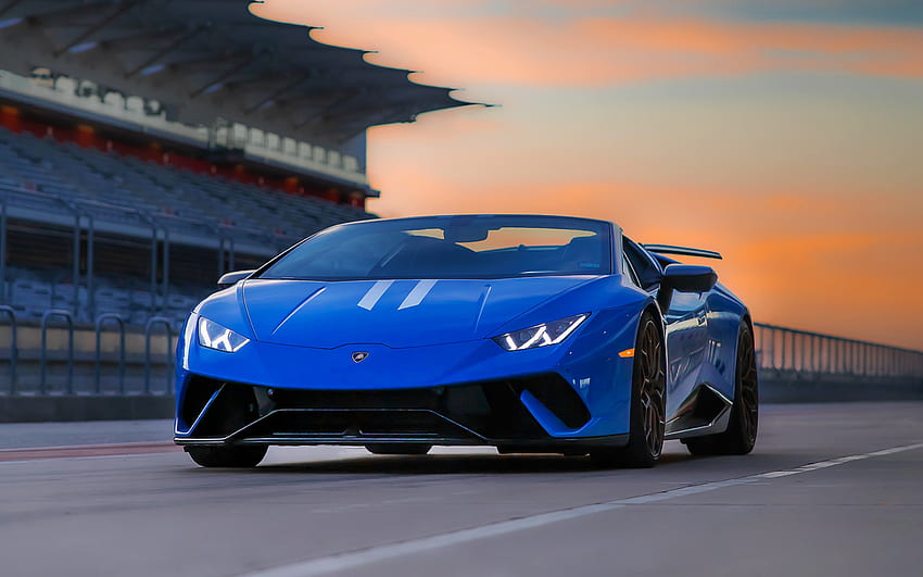 Lamborghini Huracan, roadster, tampilan depan, trek balap, Huracan biru, supercar, mobil sport Italia, Lamborghini Wallpaper HD