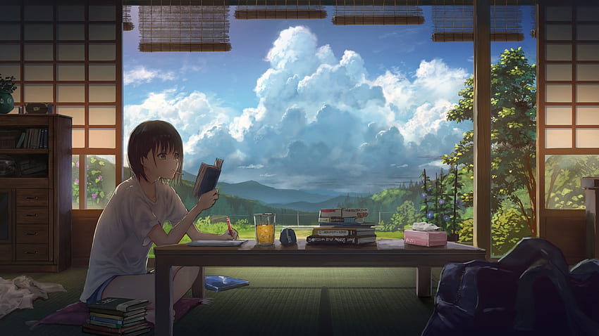 Anime Girl, Lesen, Sommer, Wolken, Szenisch, Kurzes Haar für U TV HD-Hintergrundbild