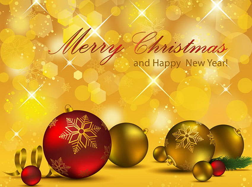 メリー クリスマスと新年あけましておめでとうございます、クリスマス、赤、装飾、ボール、金、新年 高画質の壁紙