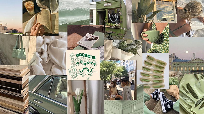 szałwia zielona estetyka, Sage Green Collage Tapeta HD