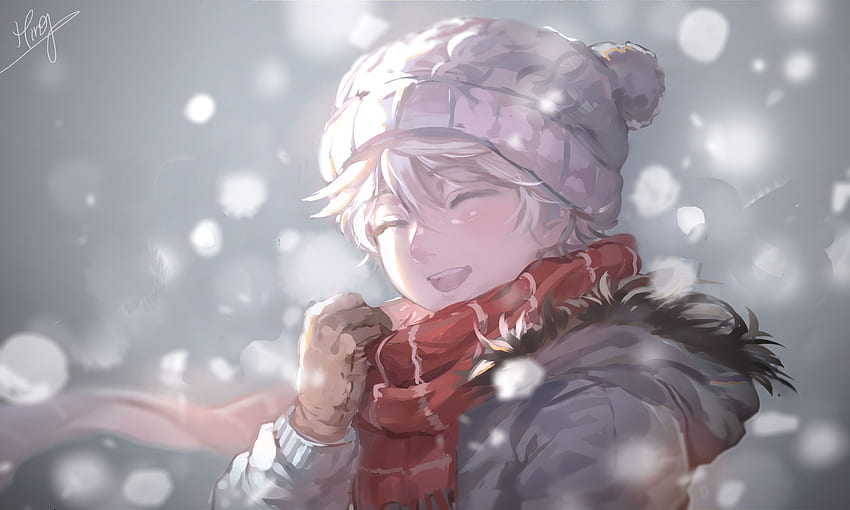 HD wallpaper anime boy profile view red scarf winter snow coffee  human representation  Wallpaper Flare