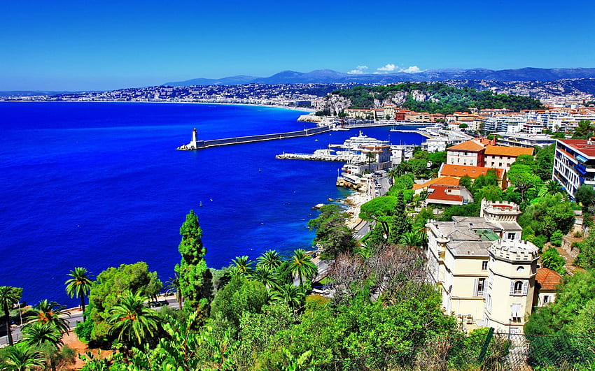 Azure Coast Prancis, laut, palem, pantai, lanskap, bebatuan, pohon, alam, pegunungan, pelabuhan Wallpaper HD