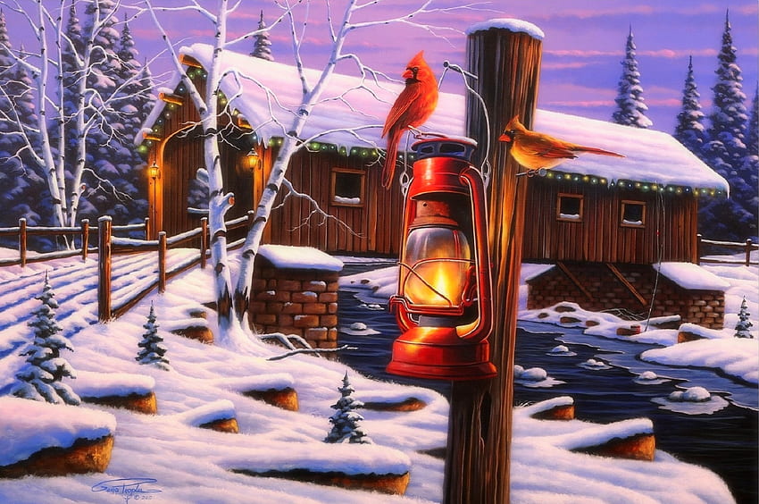 A Touch of Warmth, holidays, winter, paintings, love four seasons, Christmas, snow, cabins, nature, xmas and new year, bridges, lantern, rivers, cardinals HD wallpaper
