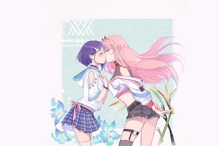 Ichigo and zero two, kiss, anime girls, artwork HD wallpaper