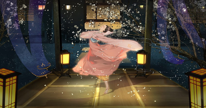 Oriental dancer, pink, lisbon l, dancer, asian, fantasy, art, lantern, luminos HD wallpaper