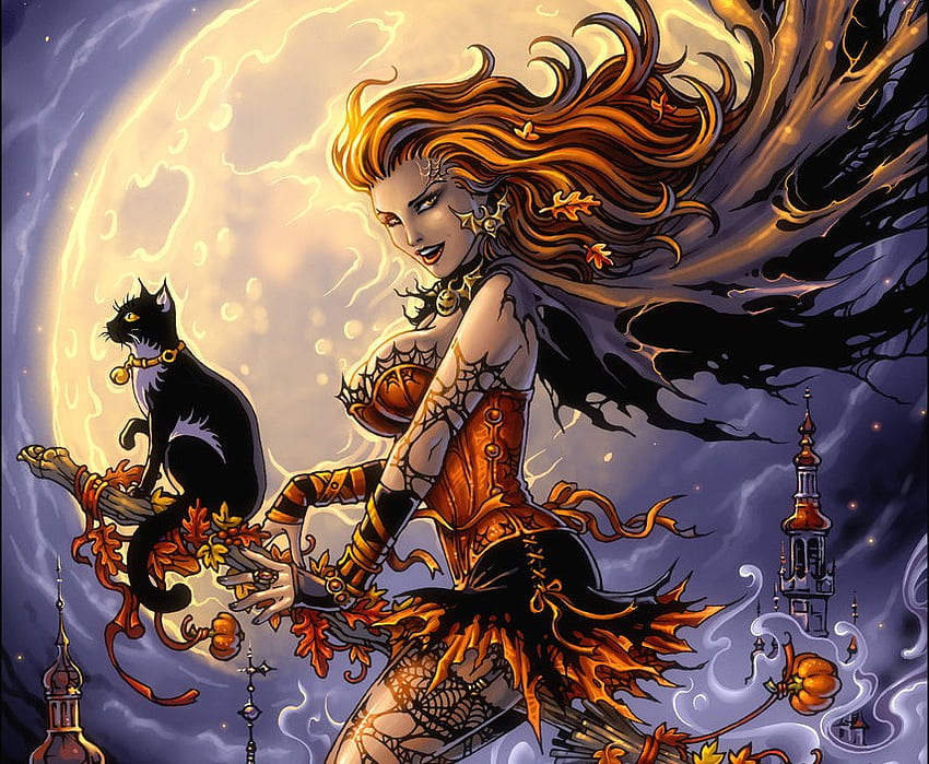 Halloween Bulan, halloween, bulan, sapu, kucing, terbang, penyihir Wallpaper HD
