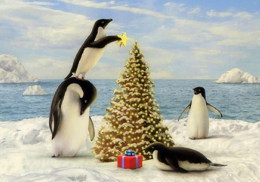 Коледни пингвини, зима, празници, атракции в сънищата, картини, звезди, любов четири сезона, пингвини, Коледа, сняг, коледа и нова година, коледна елха HD тапет