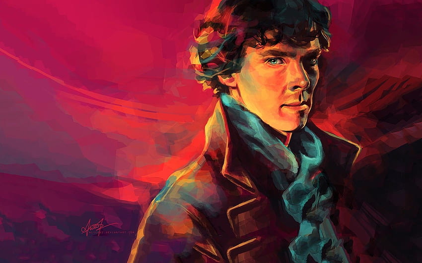 y, mężczyźni, BBC, Sherlock Holmes, grafika, Benedict Cumberbatch, różowe tło, alice x zhang, portrety, Sherlock BBC Tapeta HD