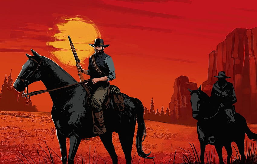 일몰, 게임, 예술, Rockstar, 컨셉 아트, 카우보이, Western, Game Art, Red Dead Redemption 2, 환경, West, RDR, RDR 2, Red Dead Redemption 2 - 팬 아트, by Esfandiar H.A, by, Cowboy Painting HD 월페이퍼