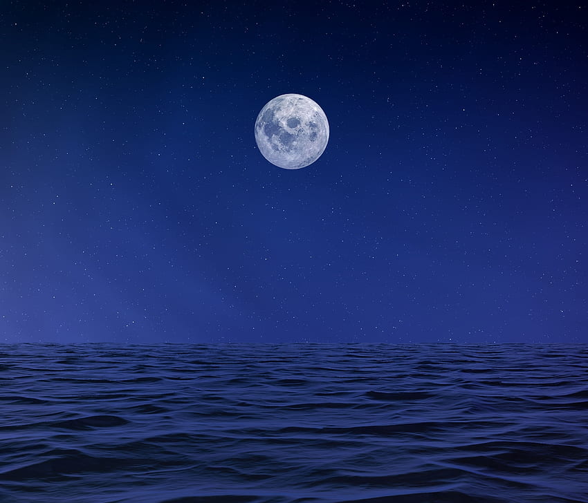 Луна, водно тяло, море, нощ, произведения на изкуството HD тапет