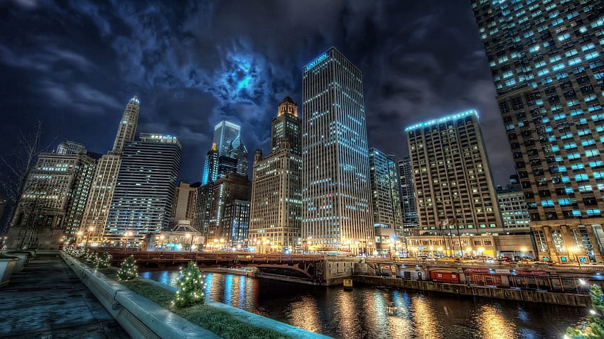 都市, 川, 超高層ビル、橋、r、シカゴ 高画質の壁紙
