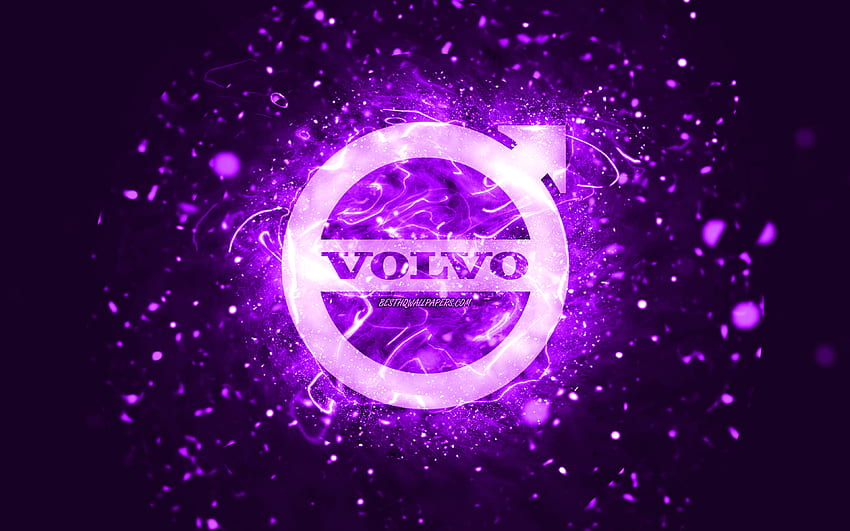 Volvo violet logo, , violet neon lights, creative, violet abstract background, Volvo logo, cars brands, Volvo HD wallpaper