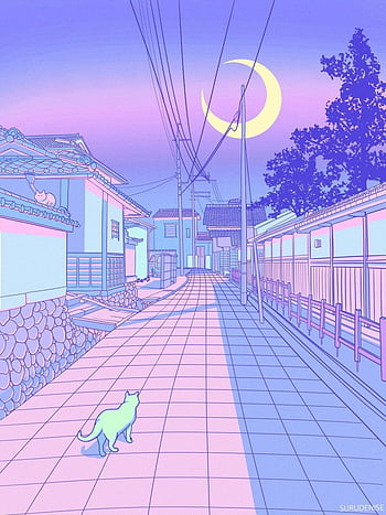 Pastel Japan, Cats and Alleyways Illustrations. Aesthetic pastel ...