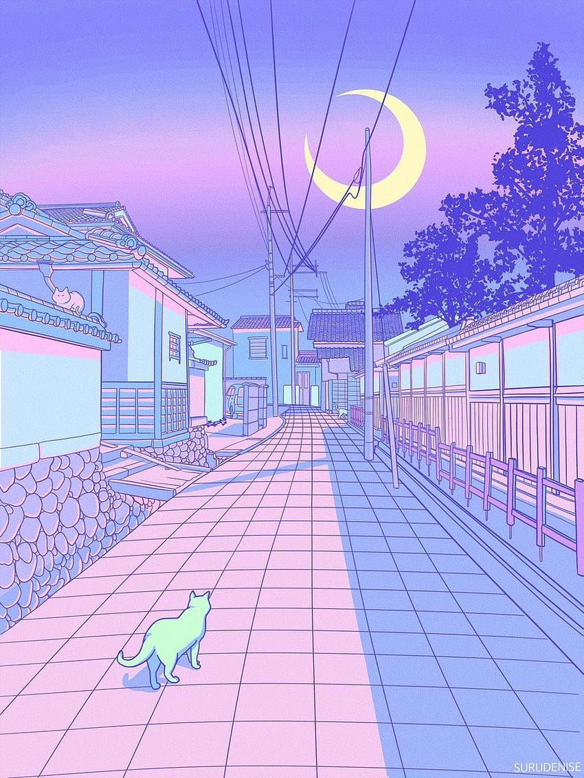 Ilustrasi Pastel Jepang, Kucing dan Lorong. Pastel estetika wallpaper ponsel HD