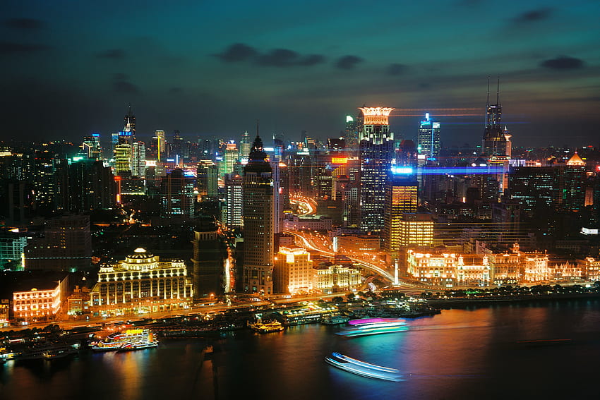 Città, vista dall'alto, città notturna, grattacieli, Shanghai Sfondo HD